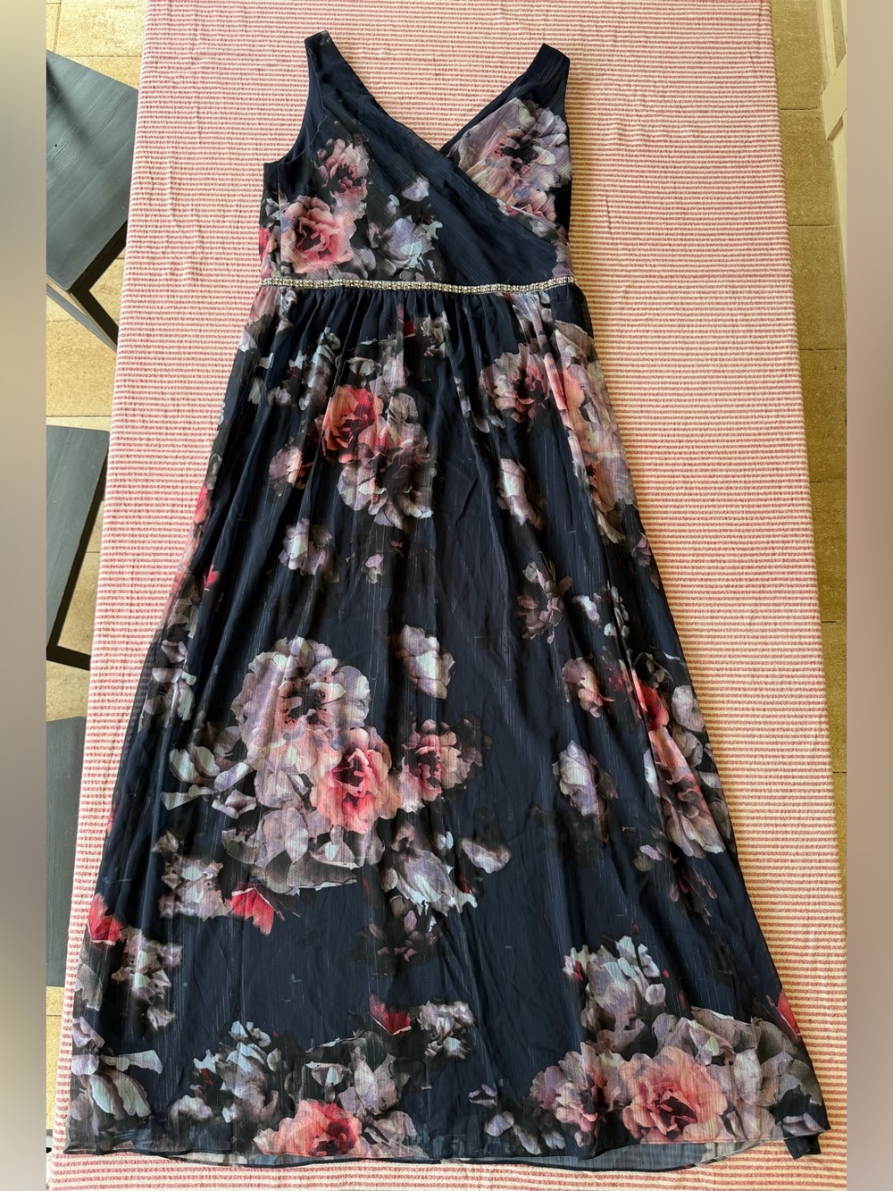 SLNY Floral Maxi Dress Gown 16 Prom Wedding Formal Navy Chiffon Rhinestone Belt